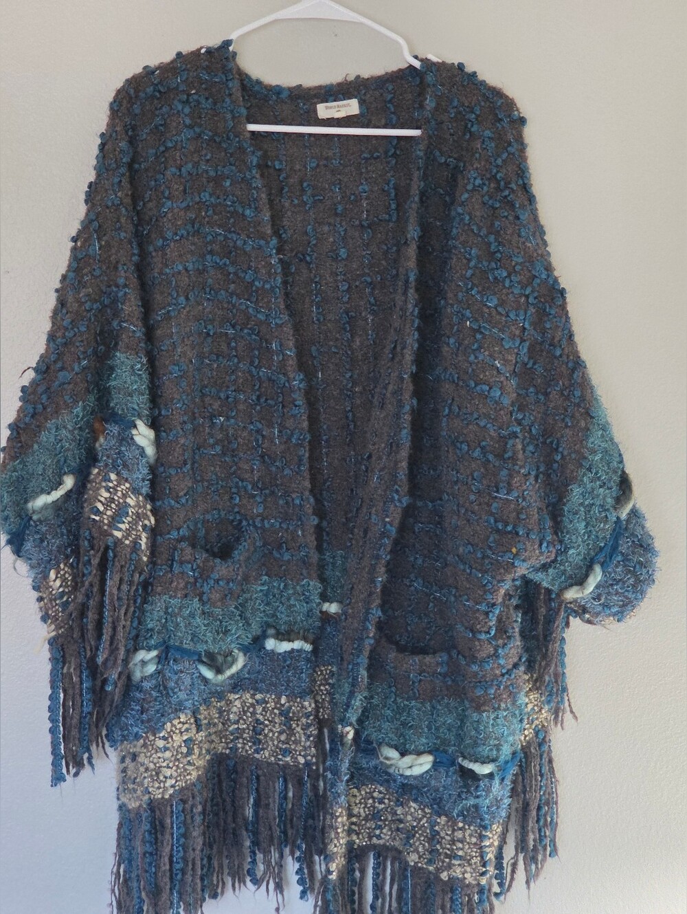 World Market Chunky Blue & Brown Textured Fringe Cardigan